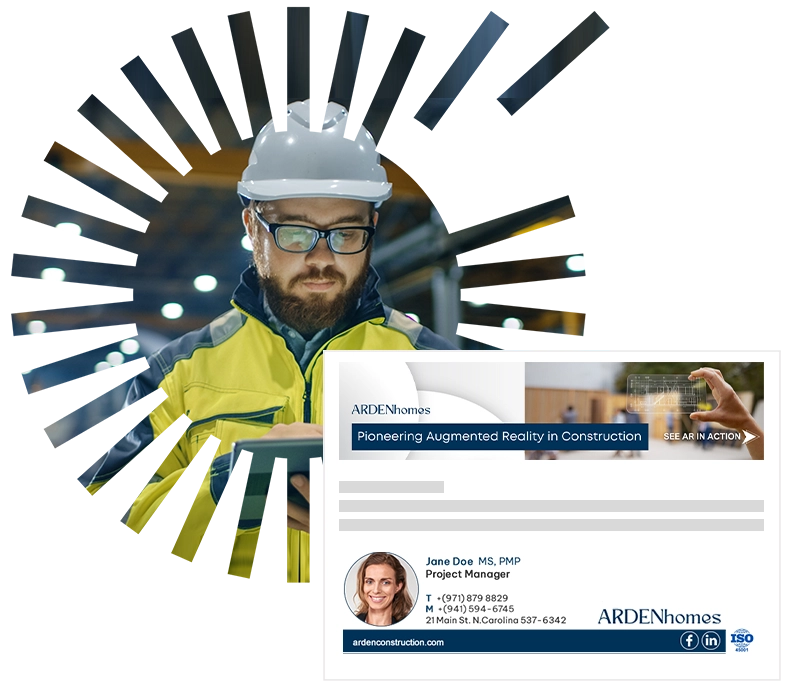 A construction worker looking at a branded construction company email signature on a tablet