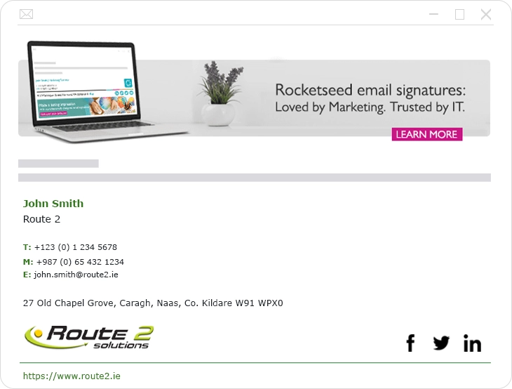 An example of a professionally branded business email signature of Route 2 Solutions. The signature included an email signature banner, promoting Rocketseed email signatures