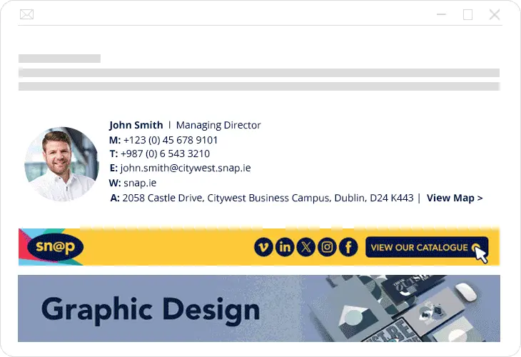 An example of a professional business email signature from Snap, featuring a animated email signature banner below the signature