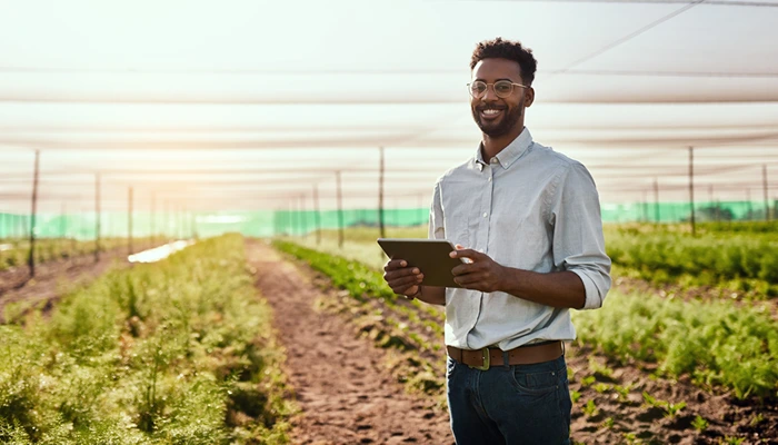 A black male wearing specs and a shirt standing in a greenhouse holding a tablet with rows of greenery in the background