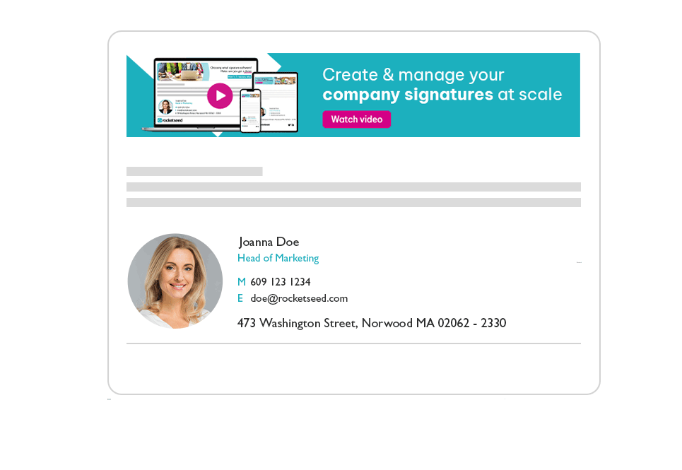 Email signature featuring employee details, company logo, and a banner promoting a video CTA