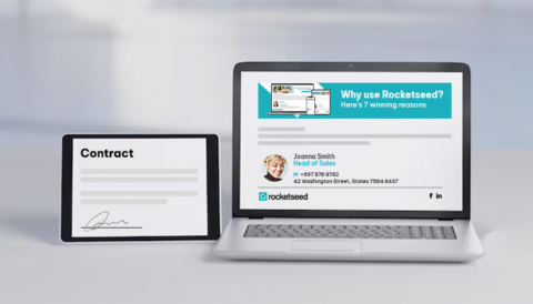 An image of a laptop displaying a Rocketseed branded email with signature and banner next to a tablet displaying a contract that has been signed with a digital E-signature