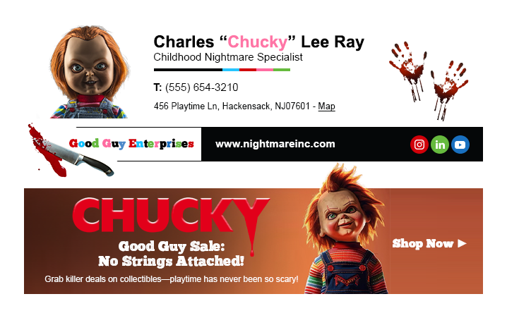 Halloween email signature for Chucky featuring Good Guy Enterprises logo, contact information, social media icons and an email signature banner with "Good guy sale: no strings attached" and a CTA "Shop now".