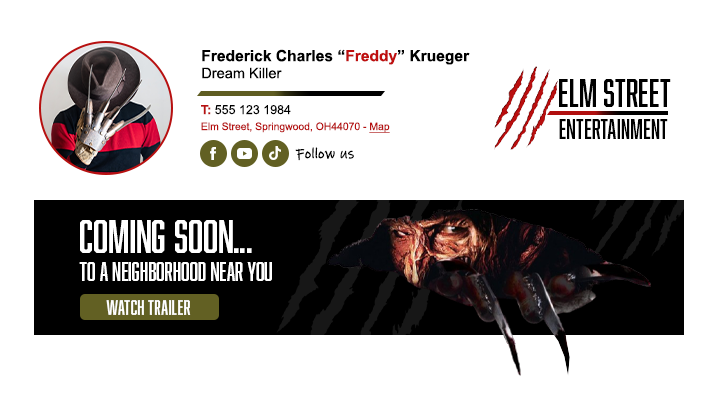 Halloween email signature design for Freddy Krueger featuring Elm Street Entertainment logo, social media icons, and a banner with "coming soon..." to a neighborhood near you and 'watch trailer' button