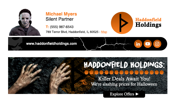 Halloween email signature for Michael Myers featuring Haddonfield Holdings logo, contact information, social media icons, and a banner with 'Killer Deals Await You! We're slashing prices for Halloween' and 'Explore Offers' button.