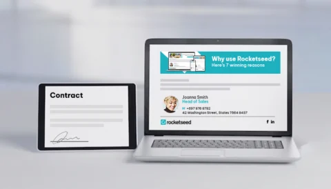 An image of a laptop displaying a Rocketseed branded email with signature and banner next to a tablet displaying a contract that has been signed with a digital E-signature