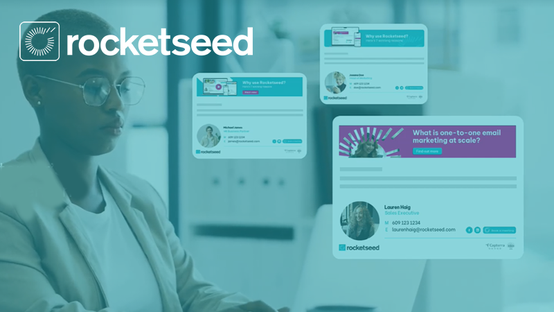 A business women sitting behind her laptop with 3 examples of professional email signatures with email signature banners. The Rocketseed logo is displayed in the top left hand corner